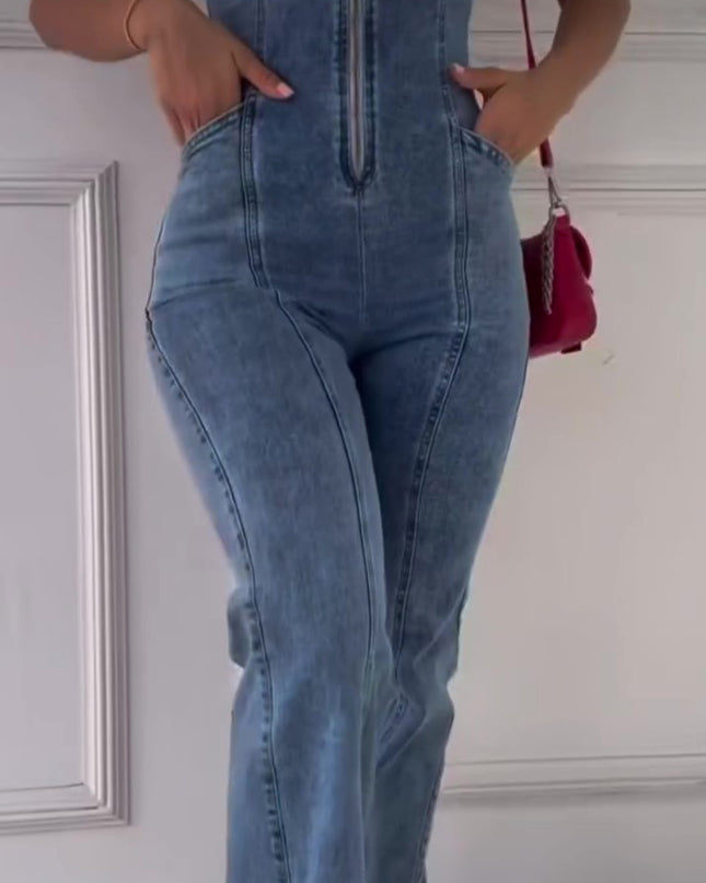 Sleeveless Paneled Zipper Denim Jumpsuit