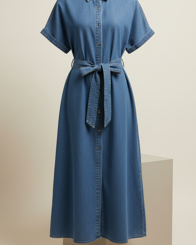 Soft slate midi denim dress with relaxed fit