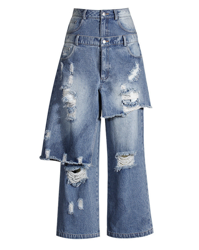 Casual Faux Two-piece Ripped Jeans