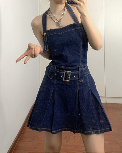 Women Denim Mini Dress Off Shoulder Halter Neck Sleeveless