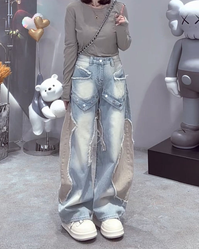 Patchwork Raw-Edge Wide-Leg Denim Jeans For Women