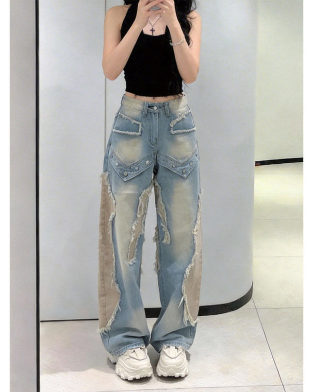 Patchwork Raw-Edge Wide-Leg Denim Jeans For Women