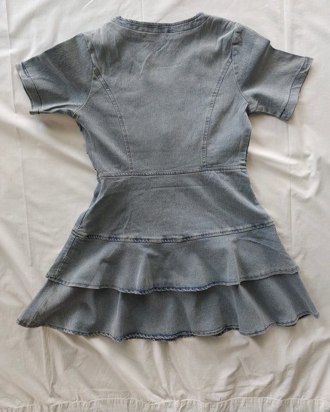 Pure Short-Sleeved Knee-Length Casual Denim Skating Dress
