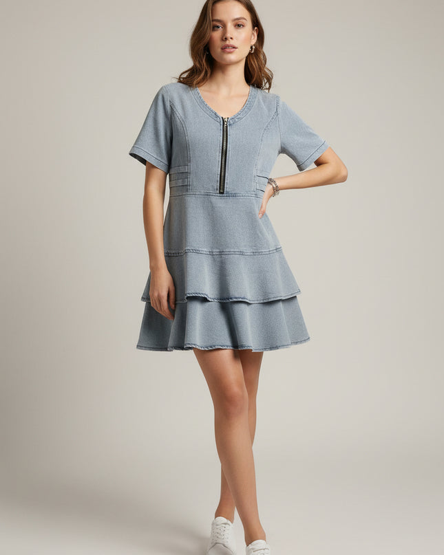 Pure Short-Sleeved Knee-Length Casual Denim Skating Dress