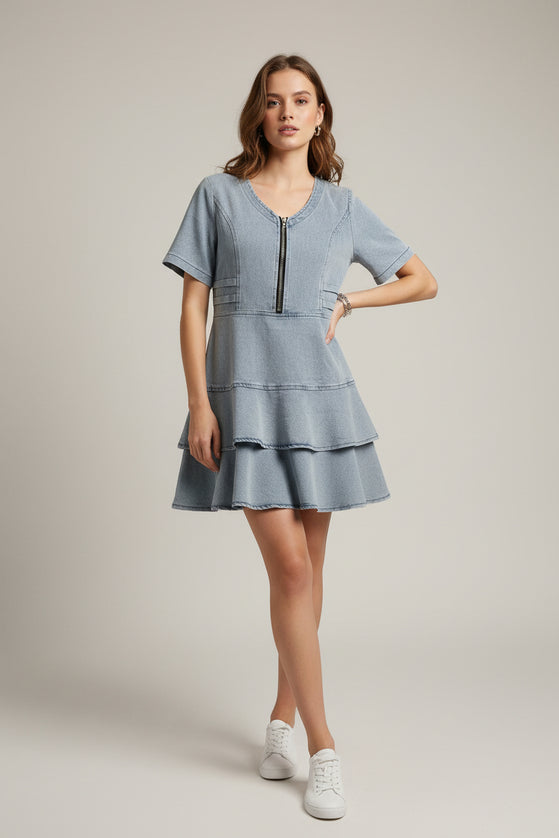 Pure Short-Sleeved Knee-Length Casual Denim Skating Dress