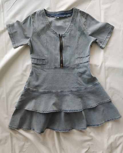 Pure Short-Sleeved Knee-Length Casual Denim Skating Dress