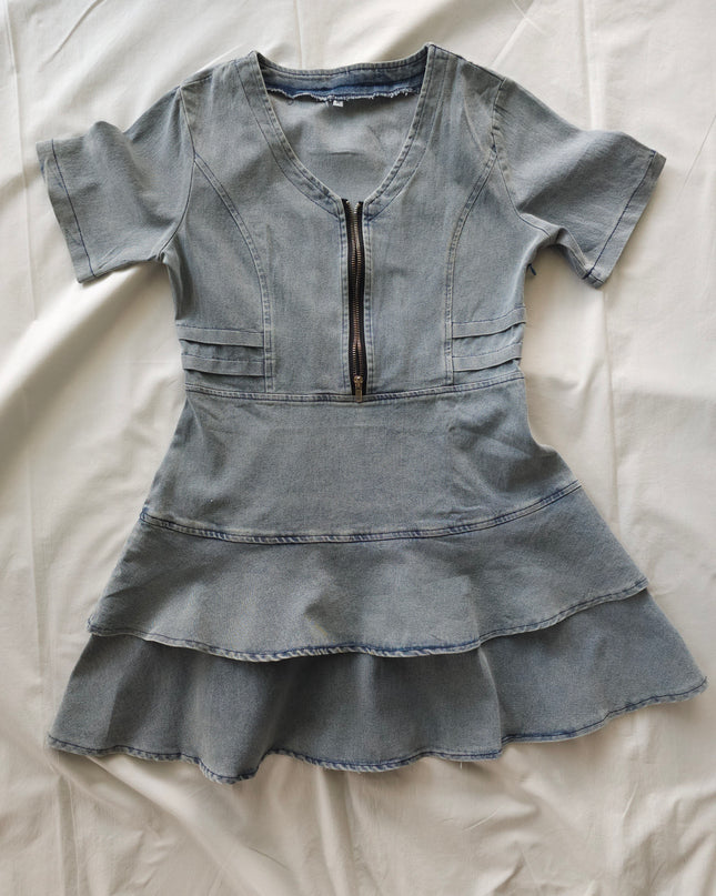 Pure Short-Sleeved Knee-Length Casual Denim Skating Dress