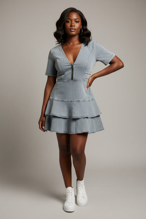 Pure Short-Sleeved Knee-Length Casual Denim Skating Dress