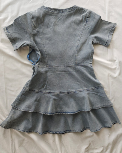Pure Short-Sleeved Knee-Length Casual Denim Skating Dress