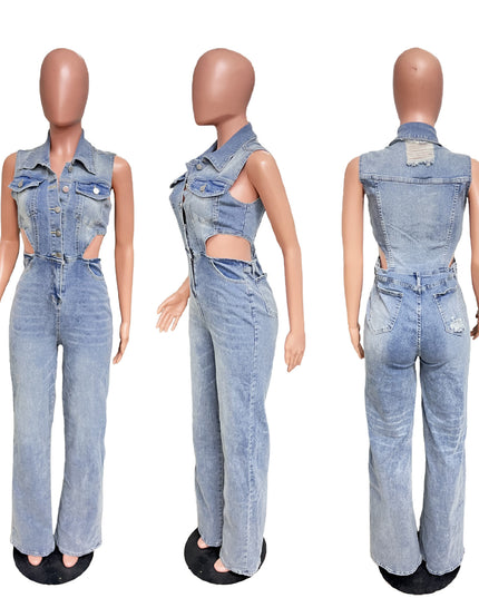 Slim Elastic Wash Denim Jumpsuit Straight Loose Jumpsuit