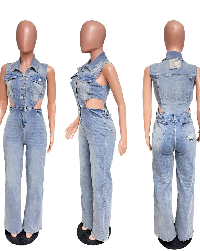 Slim Elastic Wash Denim Jumpsuit Straight Loose Jumpsuit