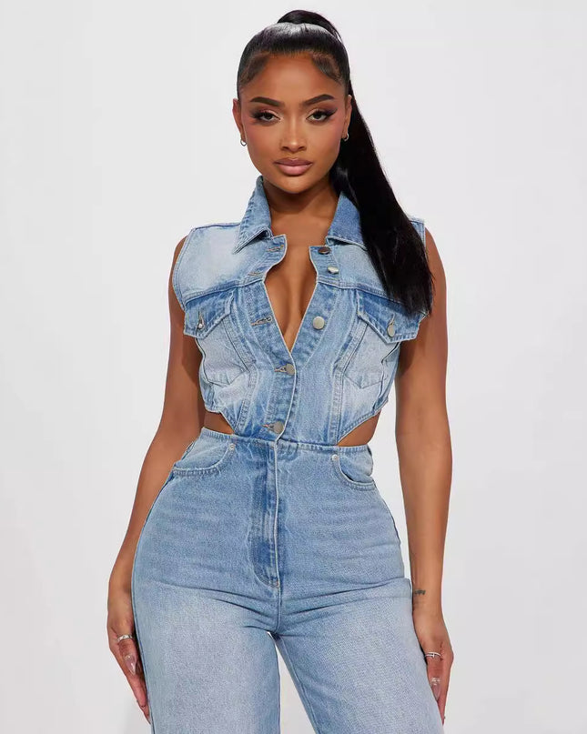 Slim Elastic Wash Denim Jumpsuit Straight Loose Jumpsuit