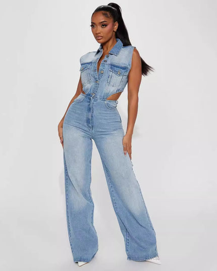 Slim Elastic Wash Denim Jumpsuit Straight Loose Jumpsuit