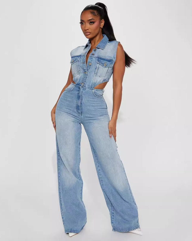 Slim Elastic Wash Denim Jumpsuit Straight Loose Jumpsuit