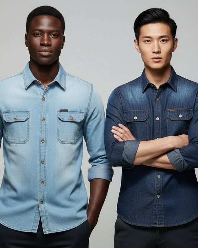 Denim Long-Sleeve Cotton Blend Casual Shirt