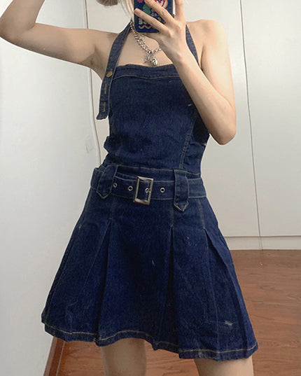 Women Denim Mini Dress Off Shoulder Halter Neck Sleeveless