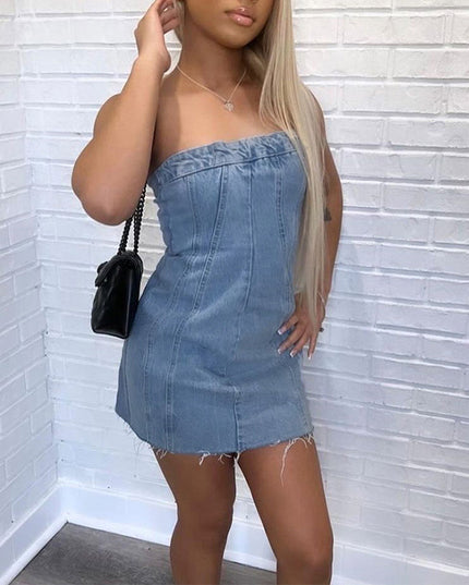 Fashion Backless Tube Denim Dress Summer Sexy Y2K Slim Short Dresses For Women Clothing
