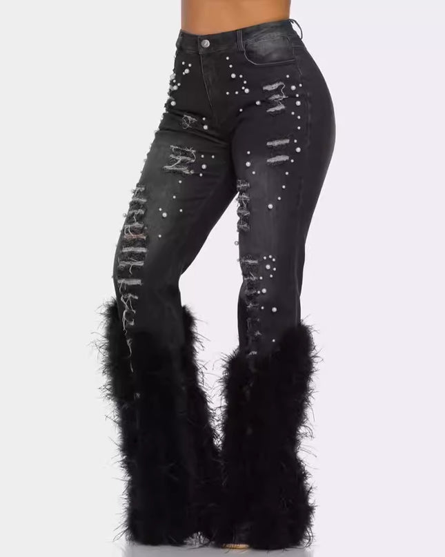 Artificial Wool Ripped Beaded Stretch Jeans