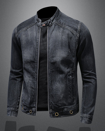 Stand-up Collar Dark Blue Motorcycle Vintage Zipper Denim Coat