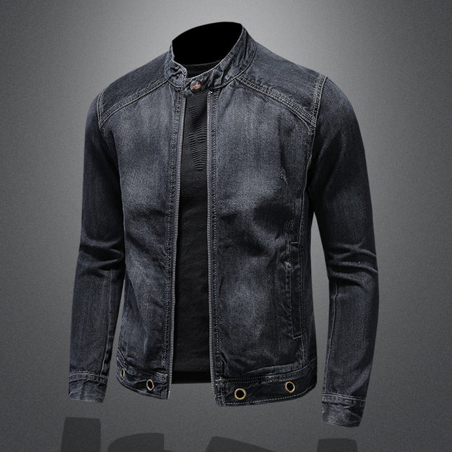 Stand-up Collar Dark Blue Motorcycle Vintage Zipper Denim Coat