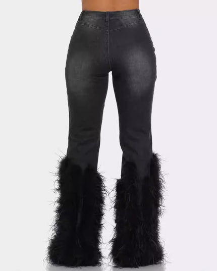 Artificial Wool Ripped Beaded Stretch Jeans