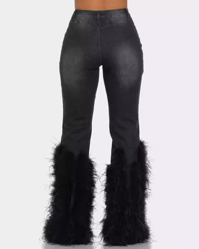 Artificial Wool Ripped Beaded Stretch Jeans
