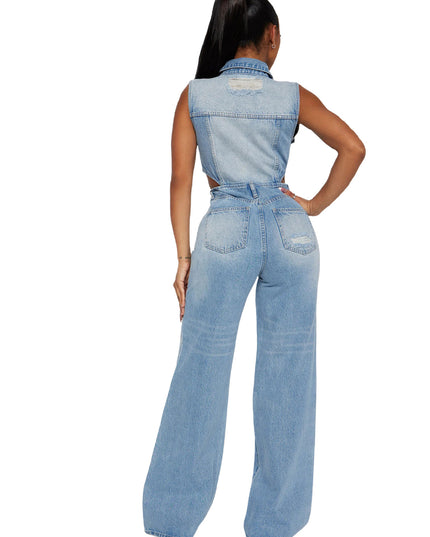 Slim Elastic Wash Denim Jumpsuit Straight Loose Jumpsuit