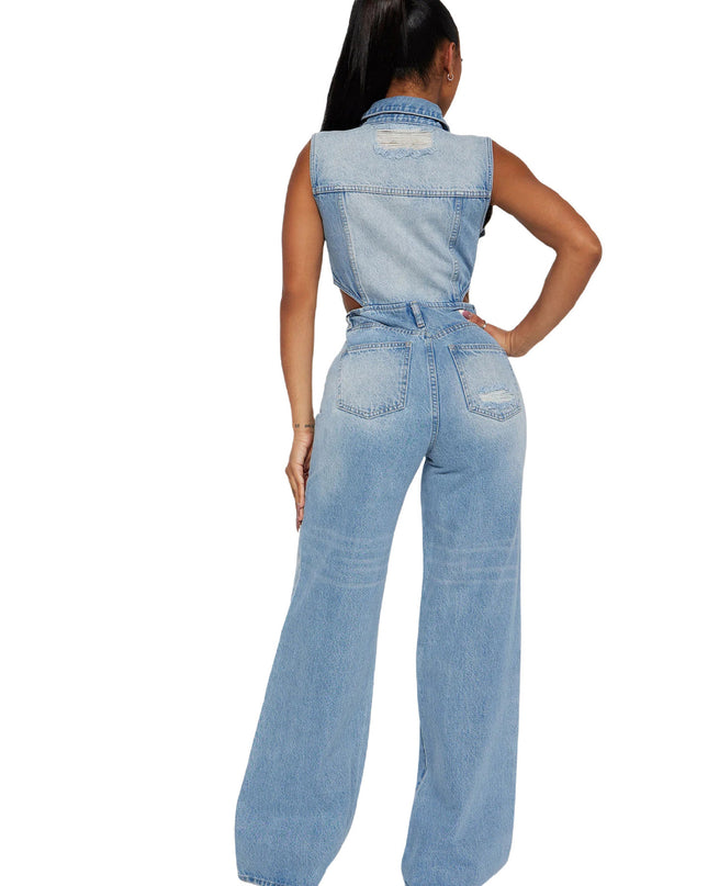 Slim Elastic Wash Denim Jumpsuit Straight Loose Jumpsuit