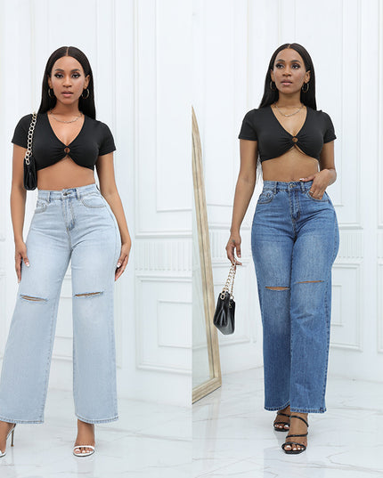 Elegant Ripped Wide-Leg Jeans Women