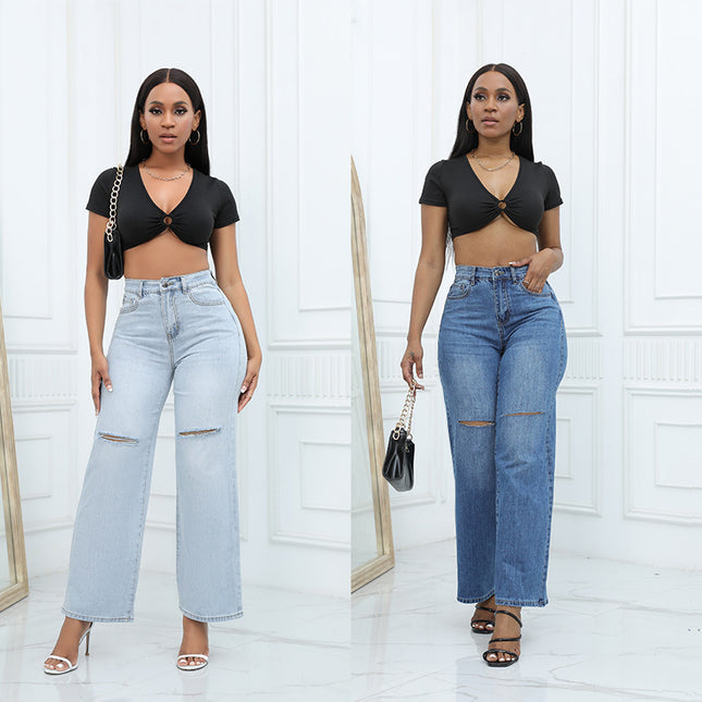 Elegant Ripped Wide-Leg Jeans Women