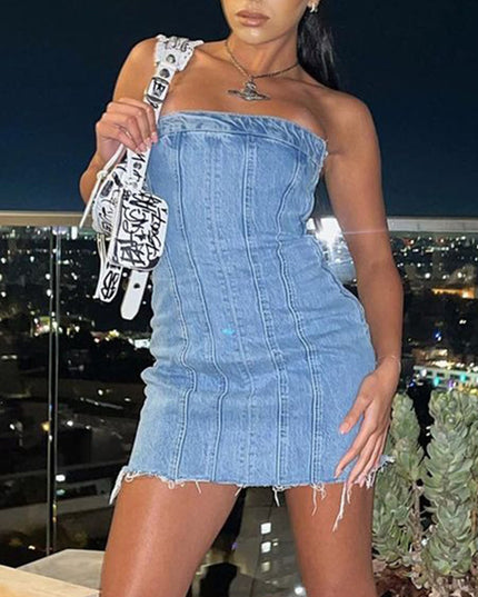 Fashion Backless Tube Denim Dress Summer Sexy Y2K Slim Short Dresses For Women Clothing