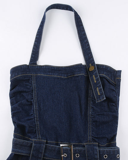 Women Denim Mini Dress Off Shoulder Halter Neck Sleeveless