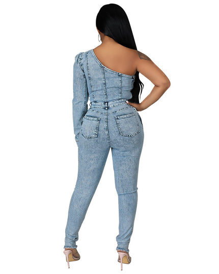 Salt Washing Craft Unilateral Sleeve Jumpsuit