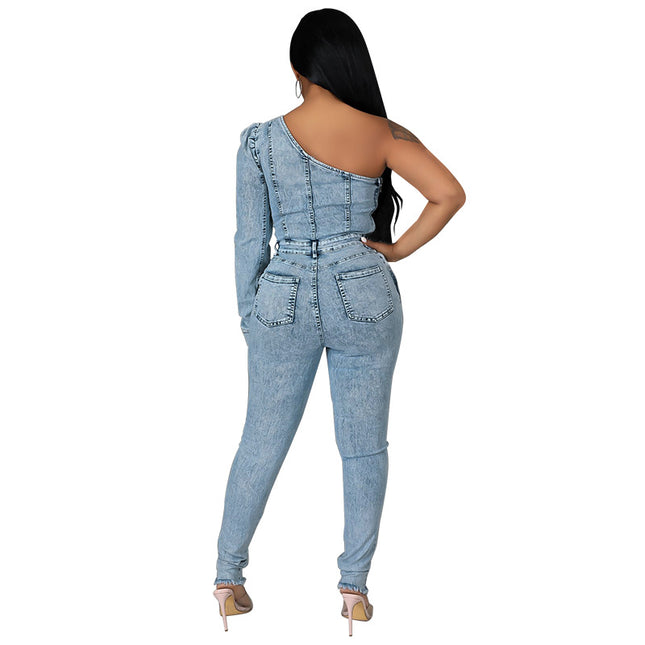 Salt Washing Craft Unilateral Sleeve Jumpsuit