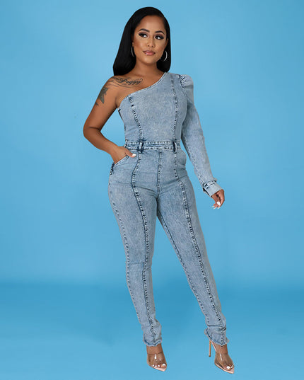 Salt Washing Craft Unilateral Sleeve Jumpsuit