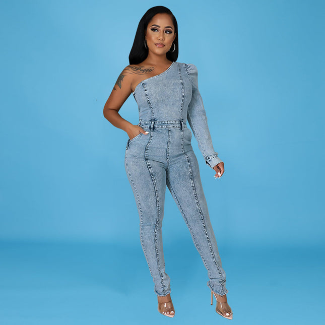 Salt Washing Craft Unilateral Sleeve Jumpsuit
