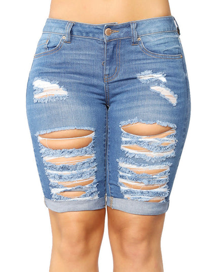 Beautiful Slim-fit Hip-lifting Ripped Cuffed Jeans Women's Midpants