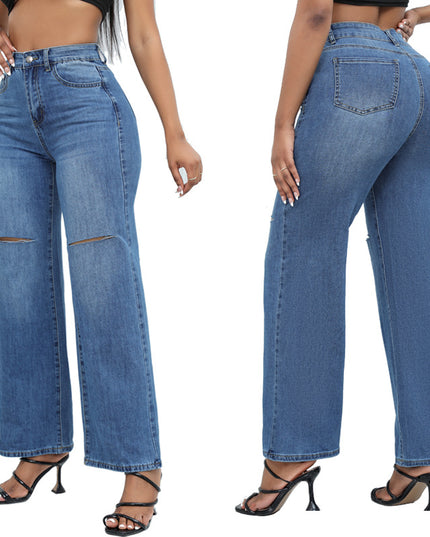 Elegant Ripped Wide-Leg Jeans Women