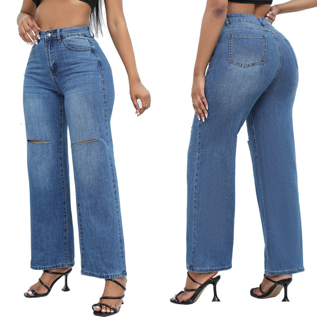Elegant Ripped Wide-Leg Jeans Women