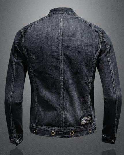 Stand-up Collar Dark Blue Motorcycle Vintage Zipper Denim Coat