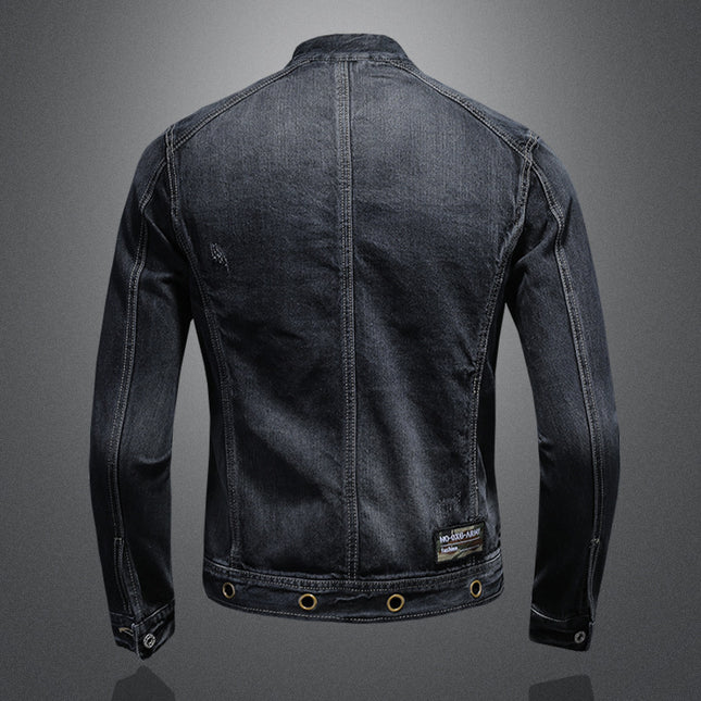 Stand-up Collar Dark Blue Motorcycle Vintage Zipper Denim Coat
