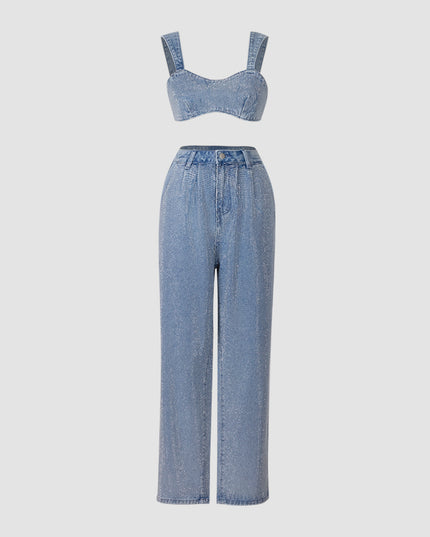 Elegant Glittery Denim Crop Top And Pants Ensemble