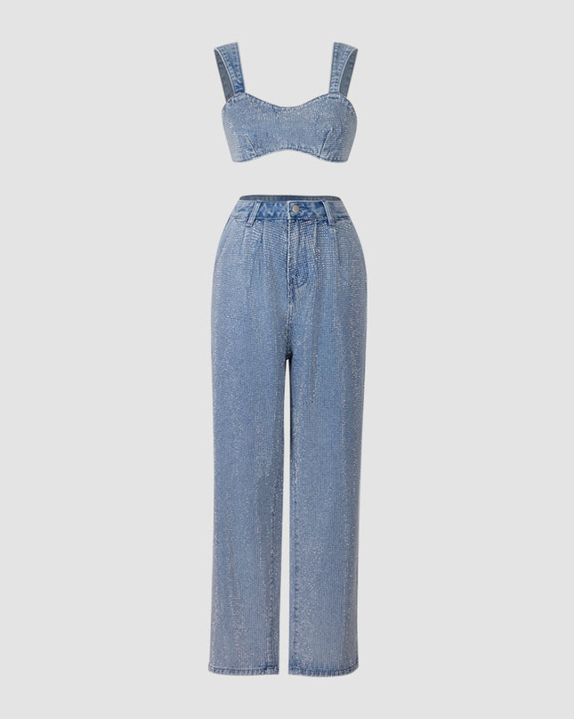 Elegant Glittery Denim Crop Top And Pants Ensemble