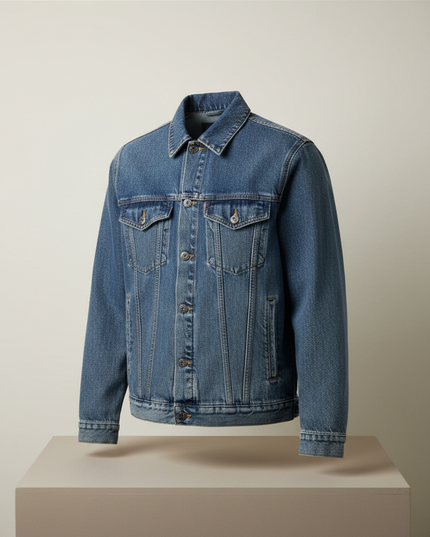 Washed blue denim jacket with sculptural seams