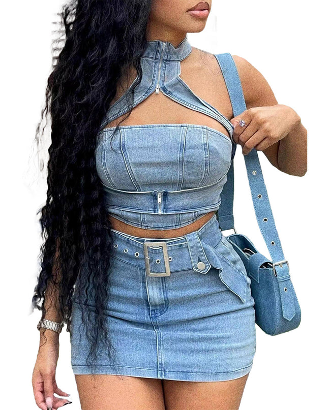 Washed Stretch Denim Halter Zipper Casual Skirt Suit