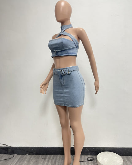 Washed Stretch Denim Halter Zipper Casual Skirt Suit