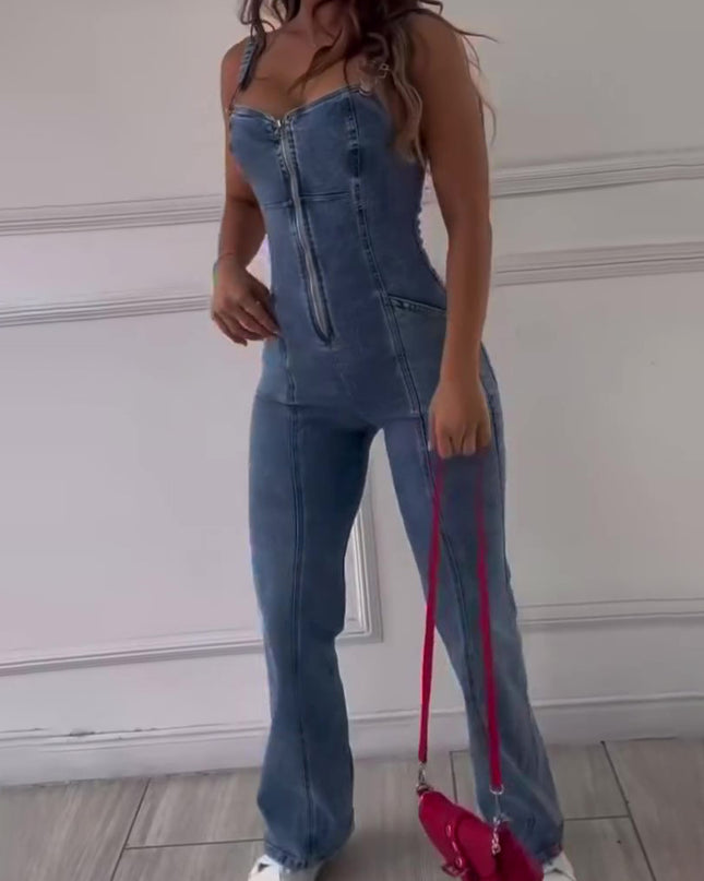 Sleeveless Paneled Zipper Denim Jumpsuit