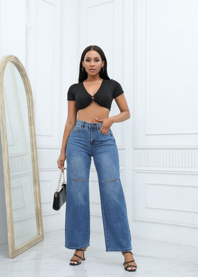 Elegant Ripped Wide-Leg Jeans Women