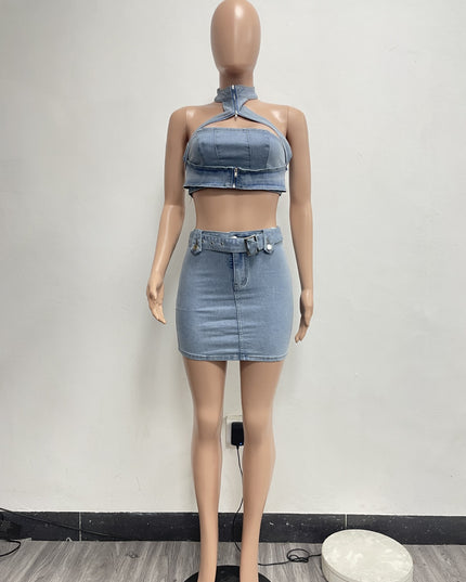 Washed Stretch Denim Halter Zipper Casual Skirt Suit