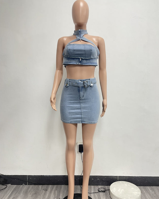 Washed Stretch Denim Halter Zipper Casual Skirt Suit